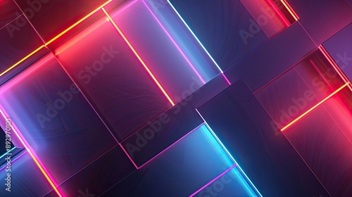 Geometric shapes illuminated with neon colors on a dark abstract light background, suitable for tech and futuristic themes