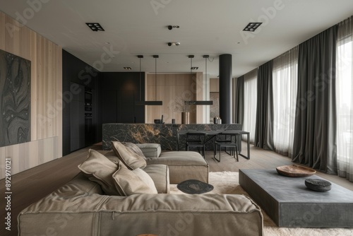 modern living room with black and wooden walls and floor