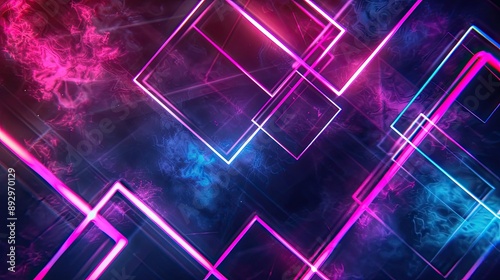 Geometric shapes illuminated with neon colors on a dark abstract light background, suitable for tech and futuristic themes