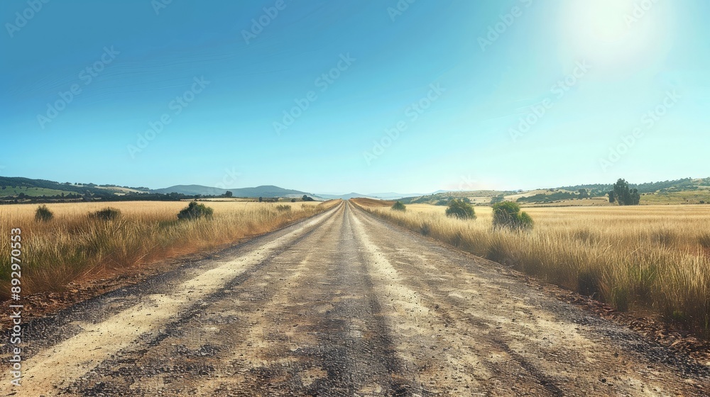 Naklejka premium Country road stretching into the distance with heat waves rising from the surface, emphasizing the intensity of the heatwave, clear blue sky above 