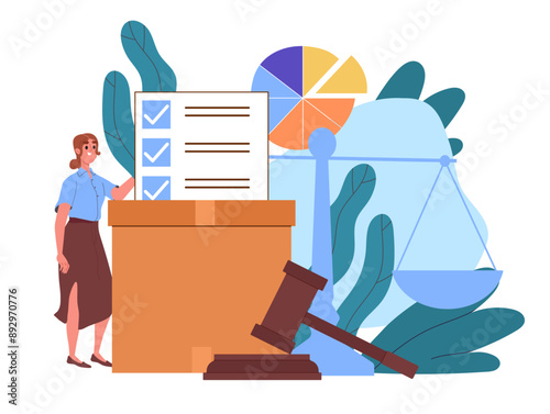 Woman with referendum. Young girl with cardboard box near judges gavel. Democracy and freedom of speech and choice. Election campaign. Flat vector illustration isolated on white background