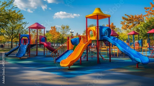 Lively city park playground with colorful equipment and no people, offering a vibrant and inviting atmosphere for children's play 