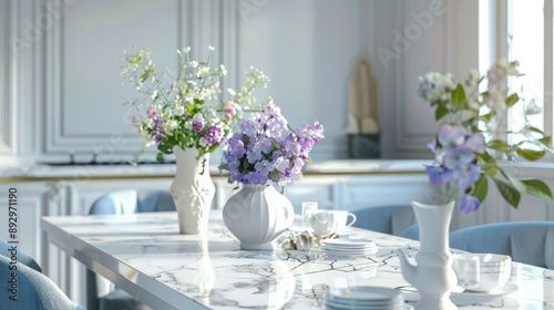 Marble counter with vases and flowers in Provence-style apartment. Kitchen island, dining table with tableware. Blue furniture, white walls in classic interior. © Lasvu
