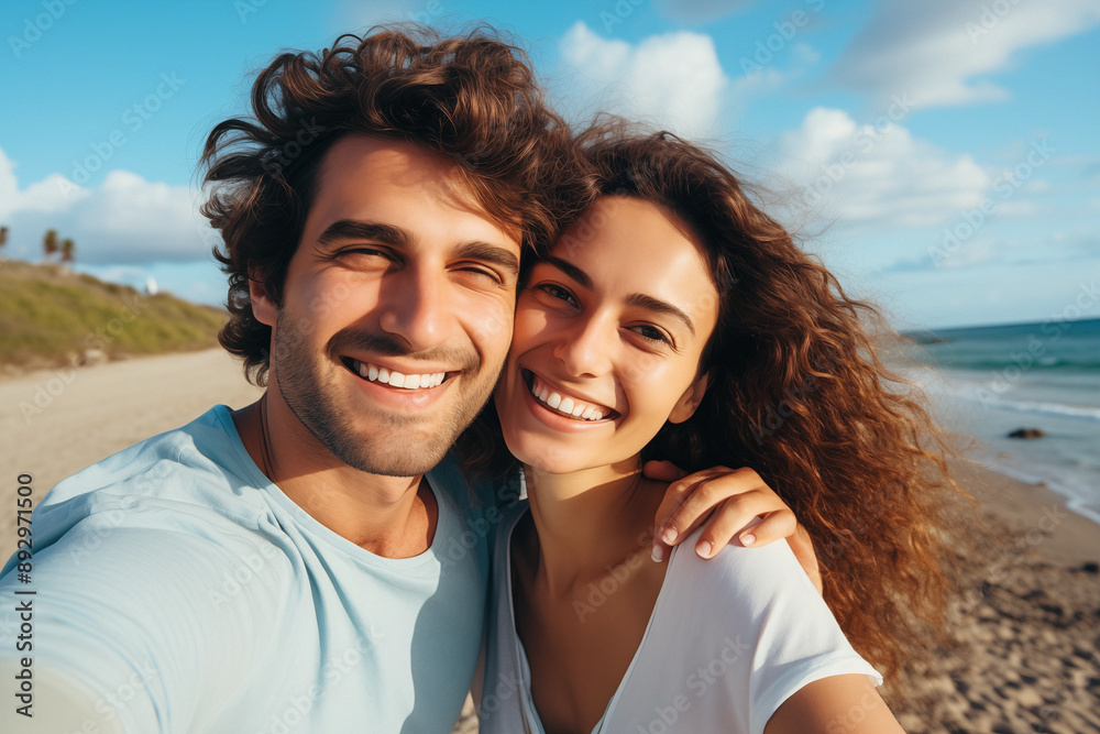 Young Hispanic, couple, taking a portrait together on the beach on a sunny day, smiling at the camera Young Hispanic, couple, taking a portrait together on the beach on a sunny day, smiling at the camera