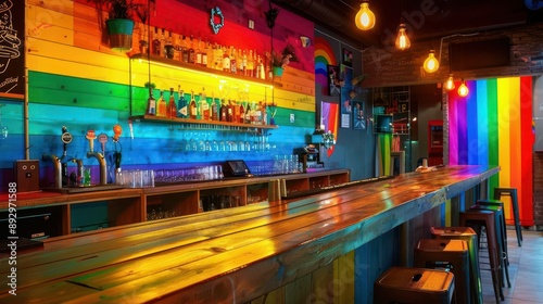 rainbowhued bar interior with empty wooden table lgbt pride theme photo