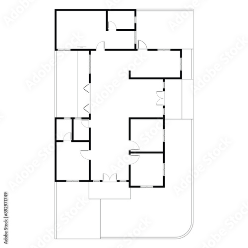 Black and White floor plan of a modern unfurnished house for your design. Suburban house vector blueprint. Architectural background