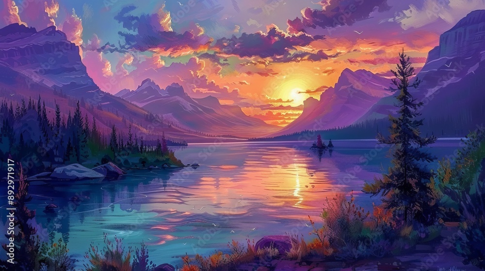 A stunning sunset illuminates a tranquil lake surrounded by majestic mountains, with vibrant hues painting the sky and water in a breathtaking natural spectacle. A stunning sunset illuminates a tranquil lake surrounded by majestic mountains, with vibrant hues painting the sky and water in a breathtaking natural spectacle.