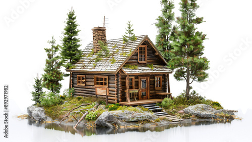 Log cabin by the lake in the woods, water reflections in fall, secluded lake house getaway, isolated transparent background