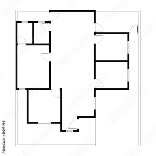 Black and White floor plan of a modern unfurnished house for your design. Suburban house vector blueprint. Architectural background