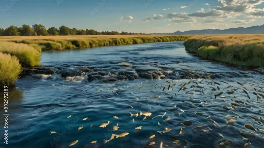 A river that flows upward into the sky, with fish swimming through the air A river that flows upward into the sky, with fish swimming through the air