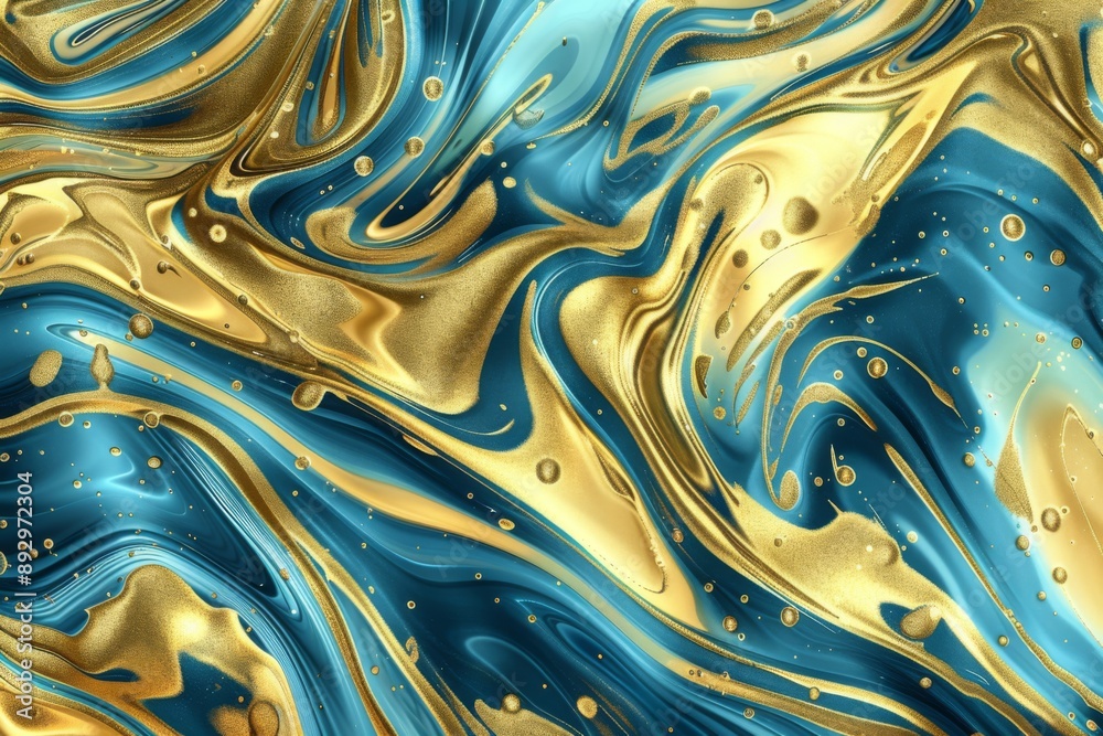 Fototapeta premium Golden and blue liquid texture with abstract, mesmerizing patterns resembling flowing fluid, featuring intricate swirls and captivating details