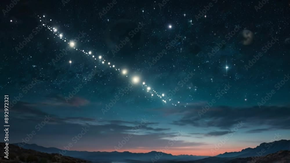 A dreamlike sky with multiple moons and stars forming mystical constellations