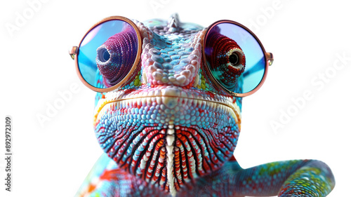 Colorful chameleon lizard with sunglasses isolated on transparent background, png file, fun exotic pet, creative colors concept