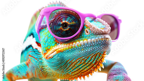 Colorful chameleon lizard with sunglasses isolated on transparent background, png file, fun exotic pet, creative colors concept