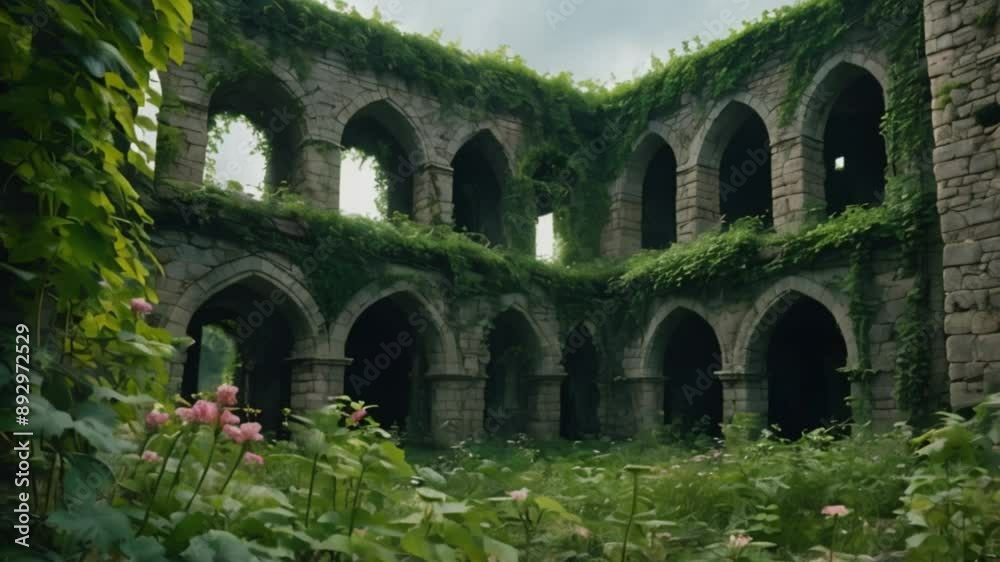 An ancient, overgrown castle ruin in a mystical forest, with vines and ...