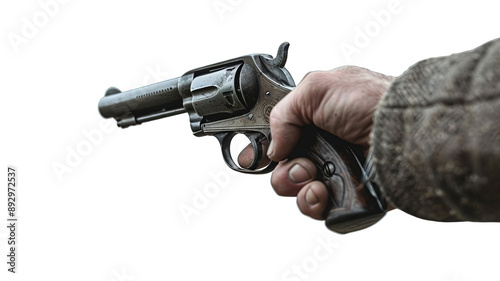Close up of a man hand shooting vintage pistol, side view isolated on transparent background, png