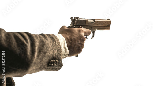 Close up of a man hand shooting vintage pistol, side view isolated on transparent background, png