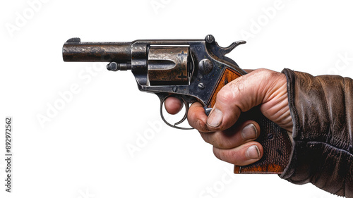 Close up of a man hand shooting vintage pistol, side view isolated on transparent background, png