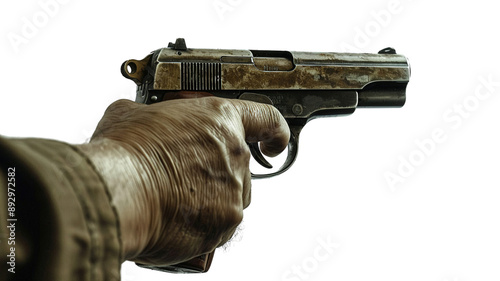 Close up of a man hand shooting vintage pistol, side view isolated on transparent background, png