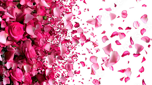 Photo of vibrant pink rose flowers petals falling on transparent background, png file. Petal rain, Wedding celebration, Valentines day card, romantic overlay