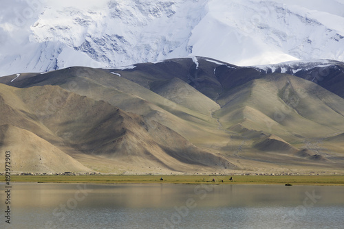 Summer view of water on the lake against nomad horse and green and snow covered mountain at silk road of pamir plateau near Xinjiang, China
 photo