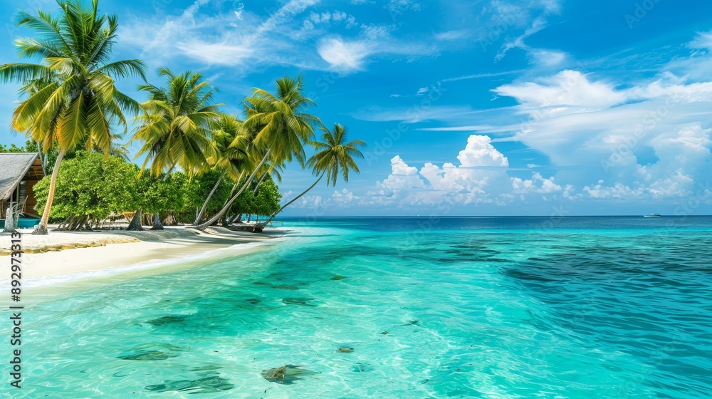 Naklejka premium A stunning tropical beach with crystal-clear water, lush green palm trees swaying against a bright and clear blue sky, an ideal image for summer travel and leisure themes.