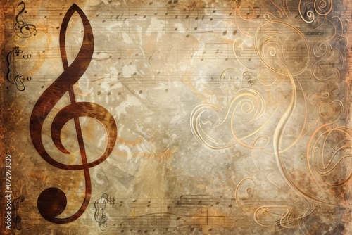 Vintage treble clef surrounded by swirling music notes in muted earth tones, set on a worn, textured surface for a retro music-inspired background photo