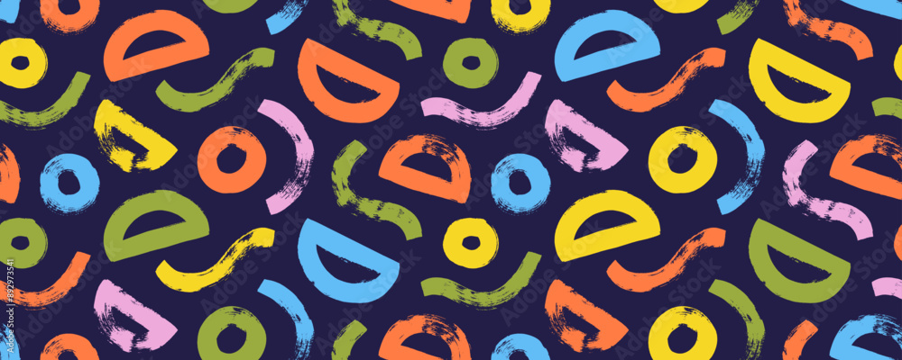 Fototapeta premium Colorful childish seamless pattern with bold geometric shapes and lines. Brush drawn waves and semicircles. Modern abstract background with bright grunge doodle style elements.