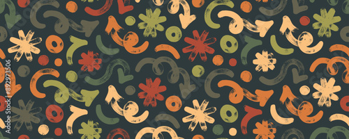 Colored seamless background with various geometric lines and shapes, squiggles, arrows and asterisks. Hand drawn vector retro wallpaper with brush drawn curly strokes. Doodle grunge seamless pattern.