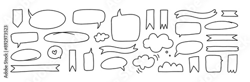 Set of hand drawn doodle speech bubbles and ribbons. Various vector doodle talk balloon shapes, outline ribbon banners. Emphasis speech bubble elements, cute conversation icons. Childish banners.