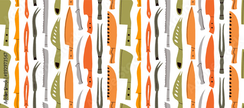 Colored vector seamless pattern with knives in cartoon doodle style. Hand drawn cute wallpaper with a kitchen motif. Cook accessories collection. Food service, restaurant or store concept.
