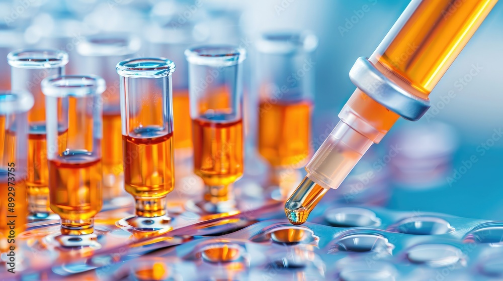 Close-up of pipette dropping orange liquid into test tubes for scientific research and laboratory analysis. Close-up of pipette dropping orange liquid into test tubes for scientific research and laboratory analysis.