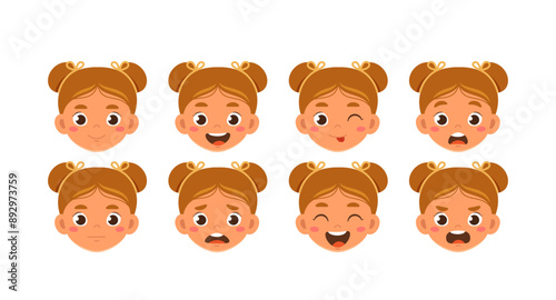 Schoolgirl heads set. Girl with different emotions. Pack of characters with various feelings. Design elements for creating animations. Happy and cheerful kid. Flat vector collection