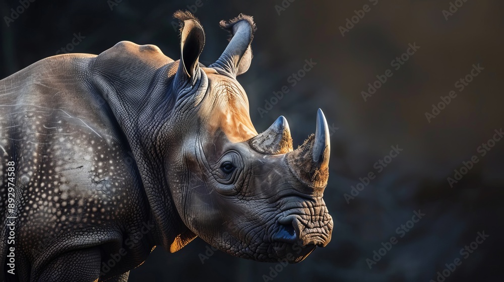 A captivating side profile of a rhinoceros basking in natural sunlight. The image emphasizes the animal's sheer strength and characteristic horn in its natural setting. A captivating side profile of a rhinoceros basking in natural sunlight. The image emphasizes the animal's sheer strength and characteristic horn in its natural setting.