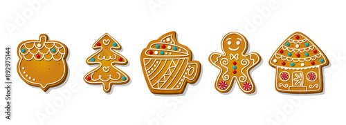 Christmas Gingerbread Cookies. Set of winter sweet spice biscuits in the different shapes and holiday items isolated on white background. Cute Cartoon vector illustration