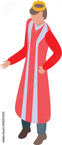 King in red royal robes is standing with one hand on his hip