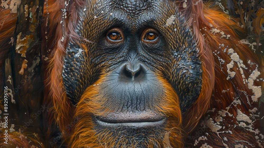 An artistic portrayal of an orangutan in its natural habitat, focusing on the vivid details of its fur and face, with a creatively blurred background to emphasize the subject. An artistic portrayal of an orangutan in its natural habitat, focusing on the vivid details of its fur and face, with a creatively blurred background to emphasize the subject.