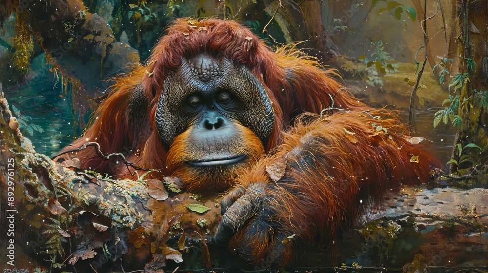 Obraz premium A serene image of an orangutan resting on a fallen tree trunk in a jungle setting, with its eyes closed and relaxed, amidst the lush, leafy surroundings of its habitat.