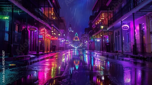 A neon-lit street with bright signs and wet pavement reflecting the vibrant colors, captured at night. The atmosphere is moody and evokes a sense of solitude amidst the lights. photo