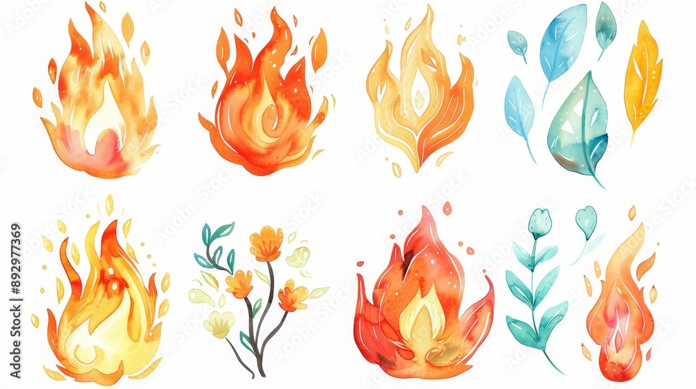 Fire flames set. White background. Watercolor illustrations Fire flames set. White background. Watercolor illustrations