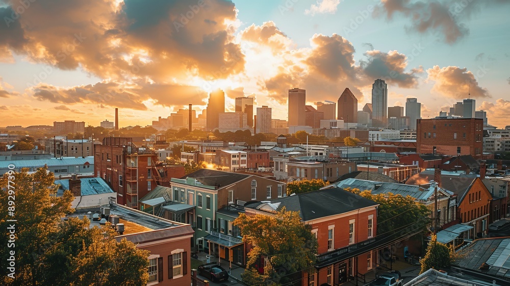 Naklejka premium A picturesque sunrise lights up urban rooftops with warm hues, casting gentle shadows and illuminating a distant skyline against a serene, cloud-rich morning sky.