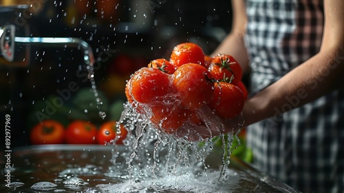 Fototapeta Naklejka Na Ścianę i Meble -  Woman Washing Fresh Tomatoes Under Running Water in Kitchen Sink, Cleanliness, Preparation, Cooking, Healthy Eating, Food Safety, Hygiene, Nutrition, Vegetables, Recipe, Kitchen, Home, Lifestyle