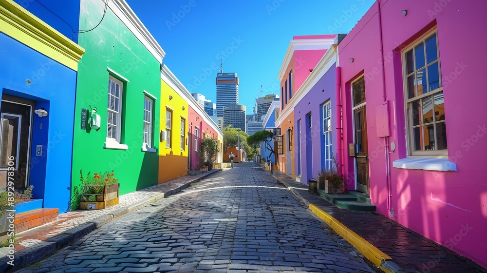Obraz premium A lively street scene displaying colorful buildings in hues of green, yellow, blue, and pink, set against cobblestone pavement and bright sky, evoking a sense of joy and vibrancy.