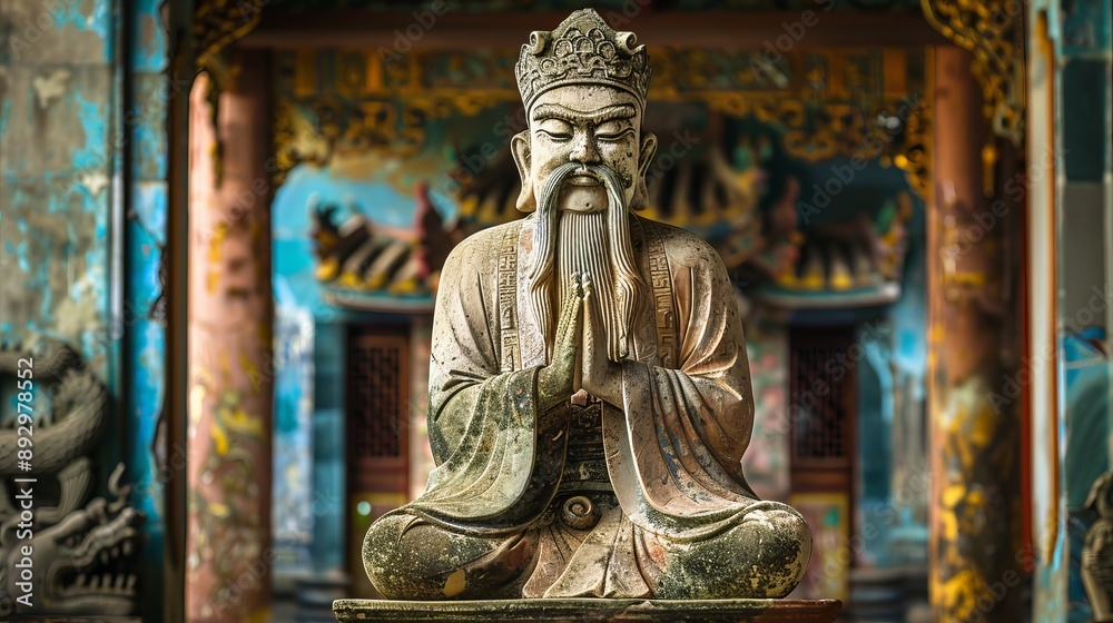 This image features an ancient statue of a deity, intricately carved and seated in a meditative posture within a beautifully decorated temple interior. This image features an ancient statue of a deity, intricately carved and seated in a meditative posture within a beautifully decorated temple interior.