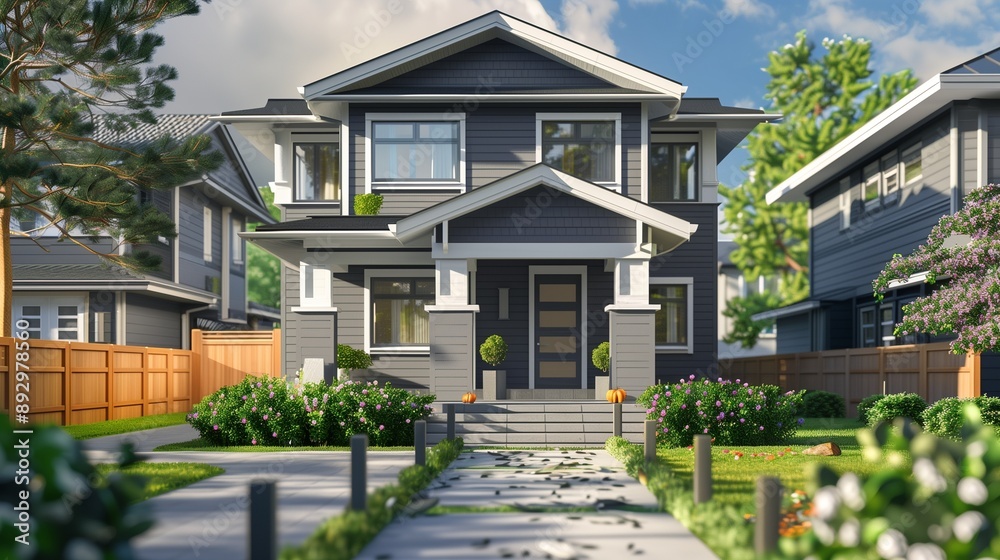 A clear, detailed front look of a gray suburban house with a wooden fence, emphasizing the clean architectural details. A clear, detailed front look of a gray suburban house with a wooden fence, emphasizing the clean architectural details.