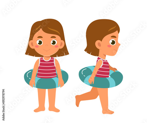 Summer girl constructor set. Kid in blue lifebuoy. Pack of characters in different viewing angles. Design elements for creating animations. Child in red swimsuit. Flat vector collection