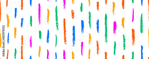 Colorful crayon drawn vertical strokes and rough lines seamless pattern. Abstract childish motif wallpaper, simple doodle texture. Thin dashes, short doodle lines. Kid's style marks and scribbles.