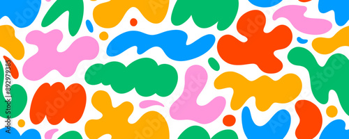 Colorful seamless pattern with liquid organic shapes and irregular forms. Creative amoeba organic fluid shapes. Cartoon childish style background with simple figures. Groovy funky design banner.