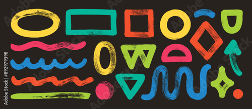 Multi colored naive playful abstract shapes in doodle grunge style. Underlines and basic geometric figures collection. Squiggle, oval, rectangle, circle, triangle. Vector punk playful illustration.