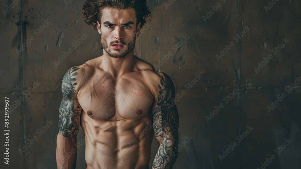 A muscular man poses shirtless in a studio, showcasing his well-defined physique and torso covered in intricate tattoos with a piercing gaze directed at the camera. A muscular man poses shirtless in a studio, showcasing his well-defined physique and torso covered in intricate tattoos with a piercing gaze directed at the camera.